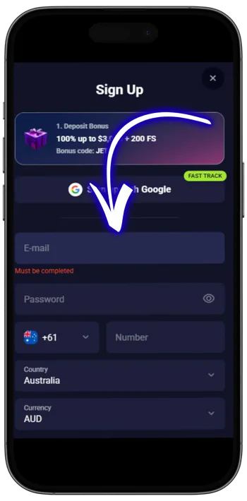 Jet4Bet Fill in account details